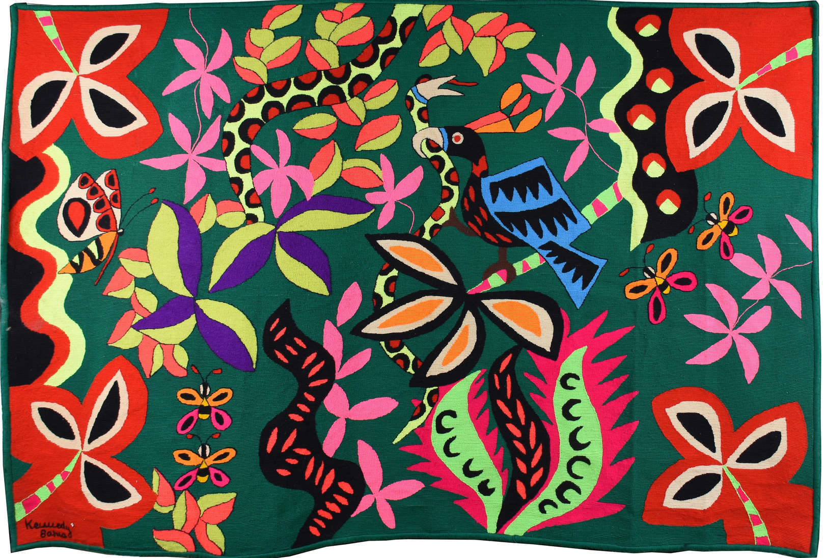 Kennedy Bahia — untitled tapestry with birds, butterflies, and dense vegetation by Kennedy Bahia