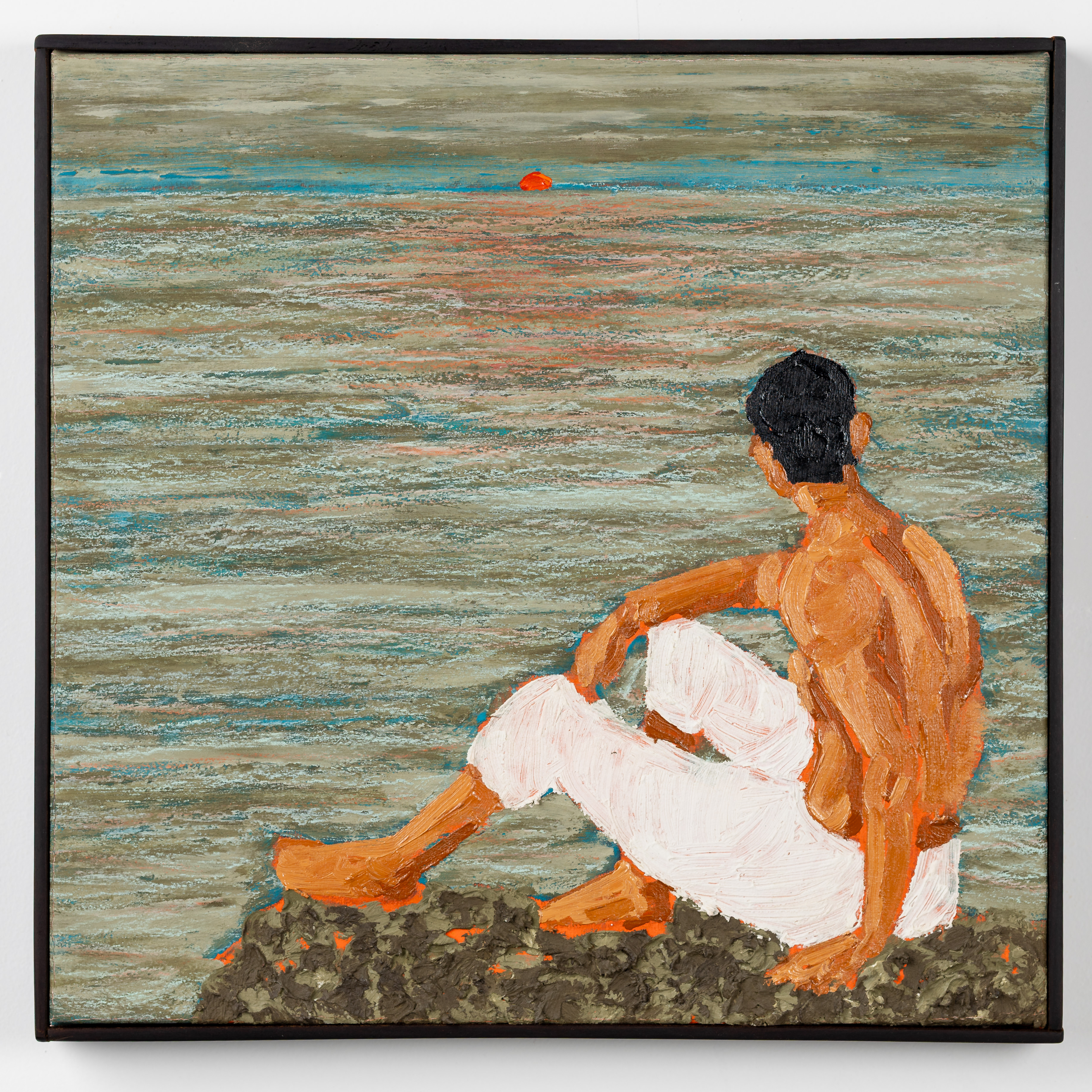 Pedro Delgado — seated figure looking across a layered sea toward a distant orange form by Pedro Delgado