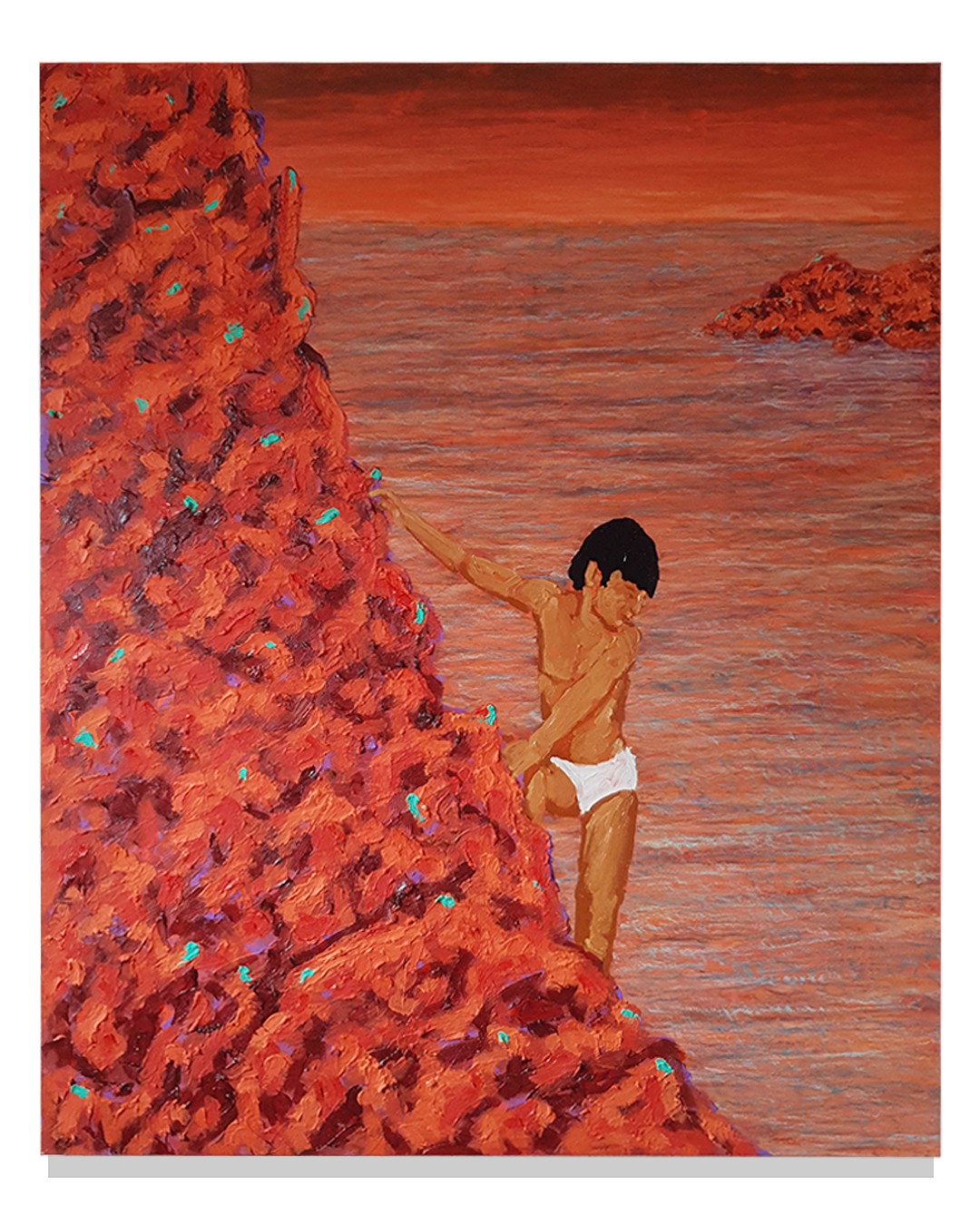 Pedro Delgado — solitary boy climbing a red cliff beside the sea by Pedro Delgado