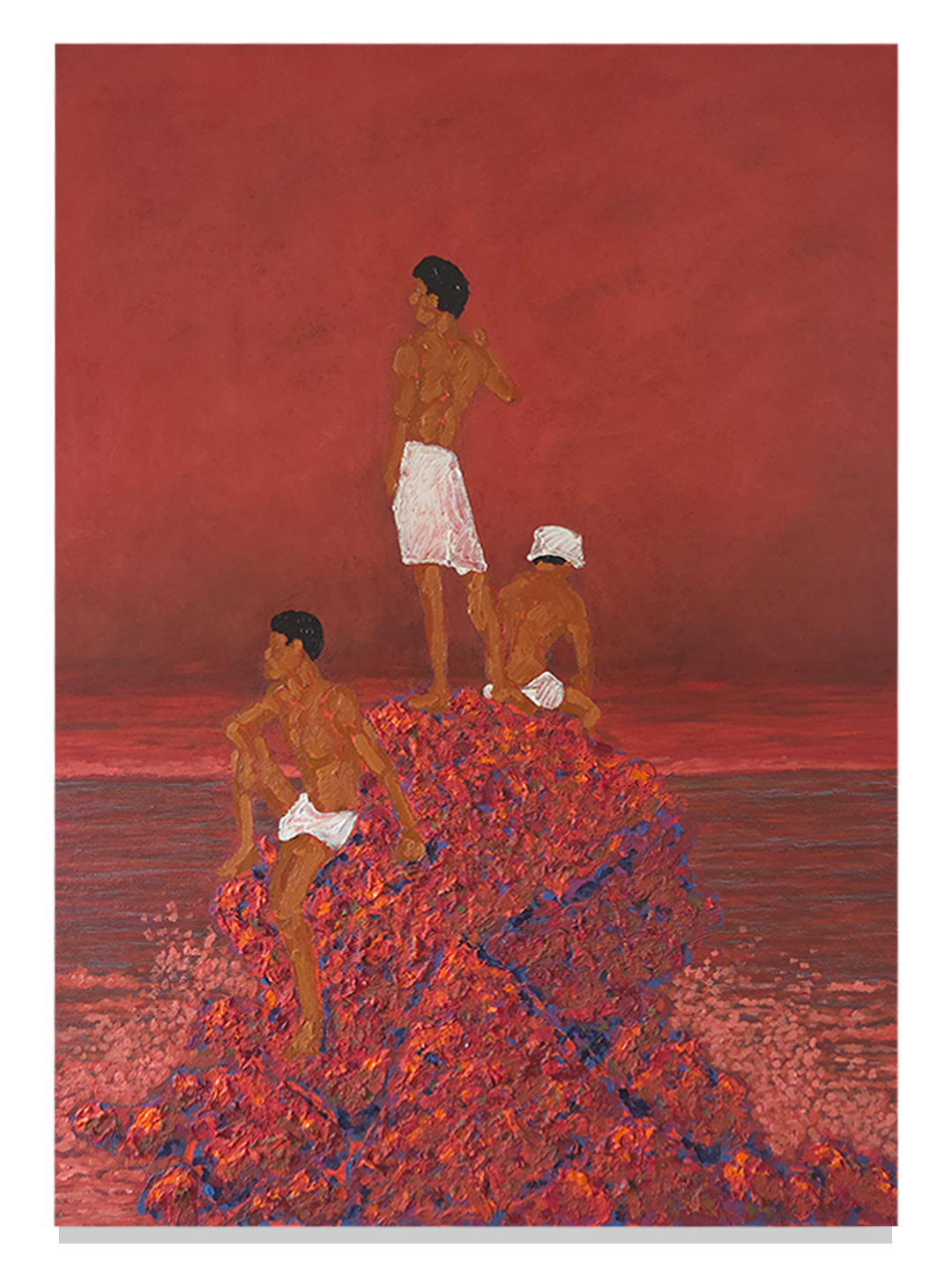 Pedro Delgado — three boys standing and resting on a red coastal formation by Pedro Delgado