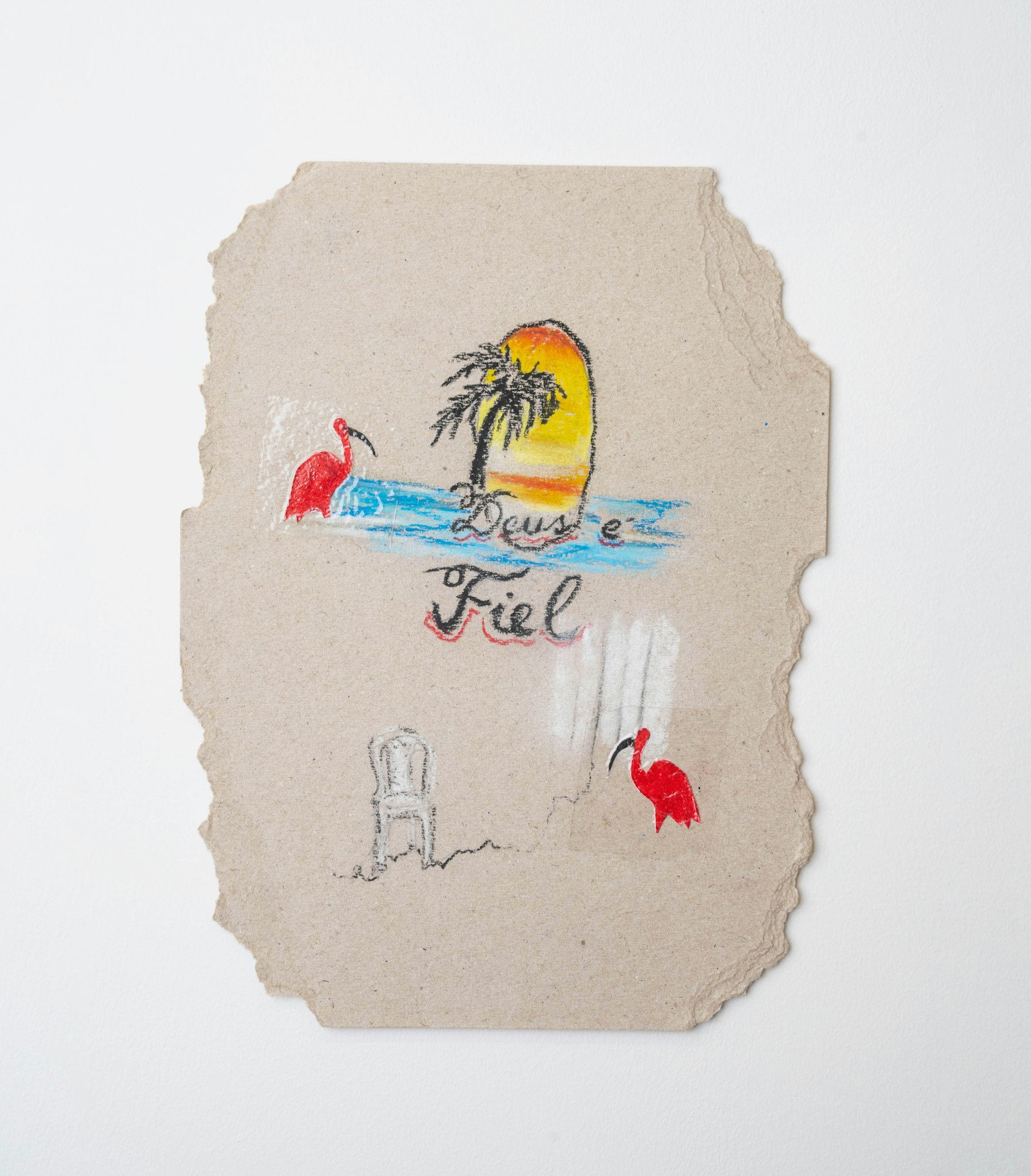 Fragmented-paper composition with red ibises, a palm, water, and an empty chair by Carchíris
