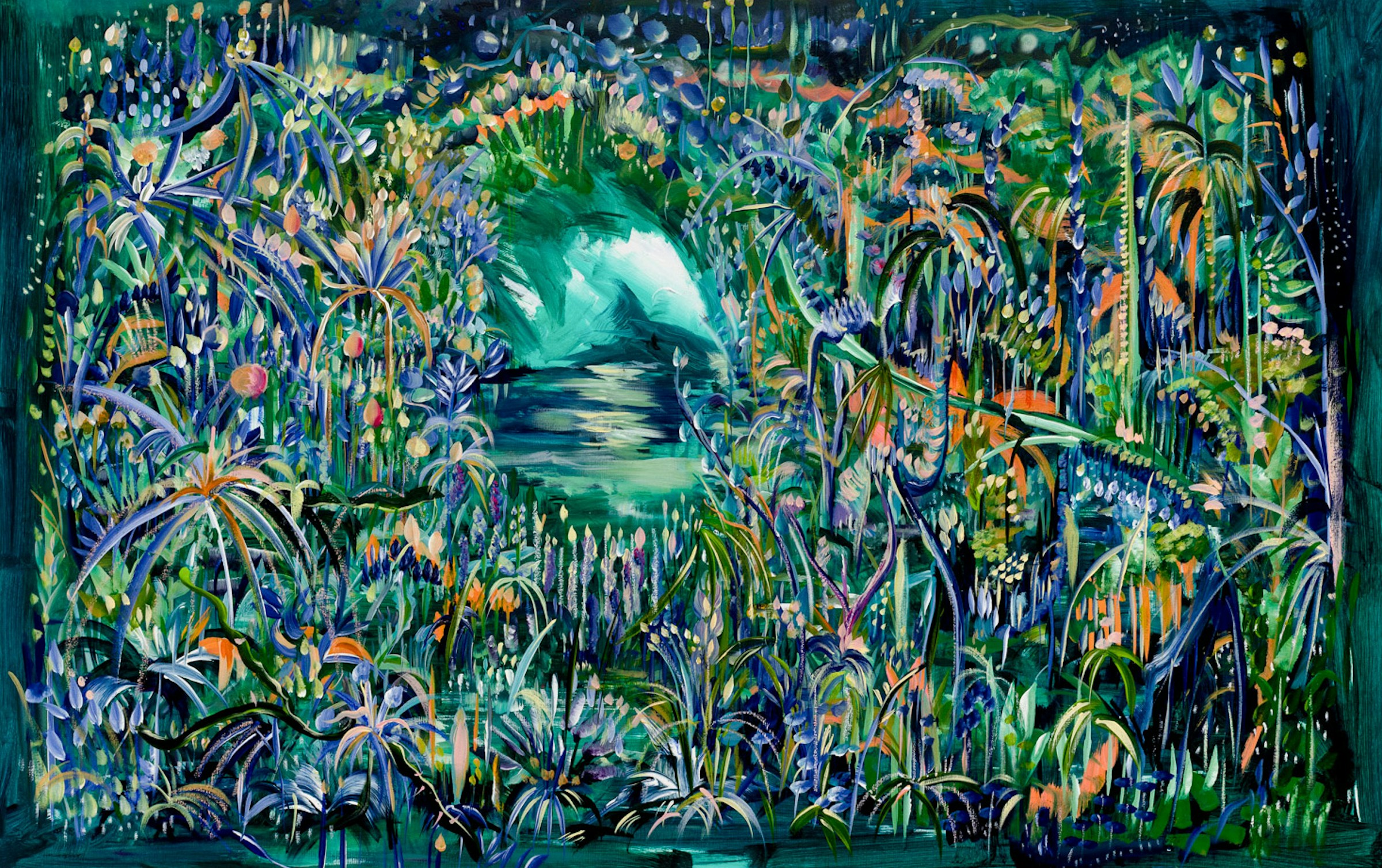 Nocturnal blue-green river landscape surrounded by dense luminous vegetation by Bárbara Savannah