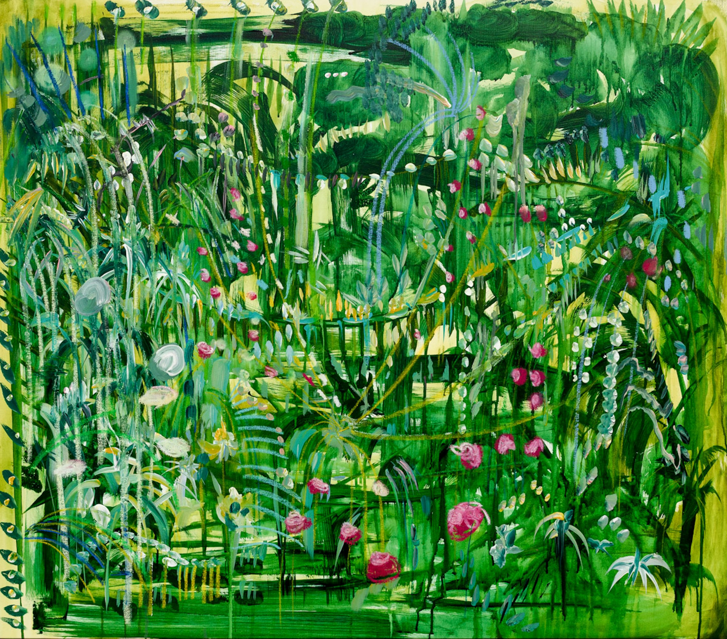 Green abstract landscape punctuated by pink blossoms and pale circular forms by Bárbara Savannah