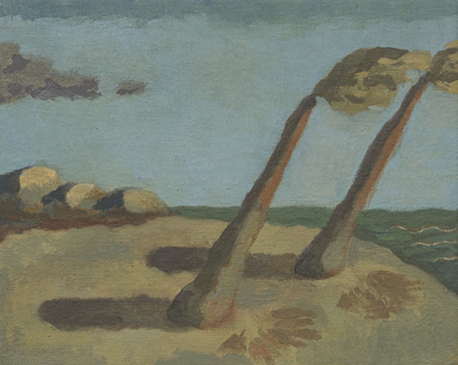 Beatrice Arraes — coastal landscape with leaning palms, rocks, and a muted blue sea by Beatrice Arraes