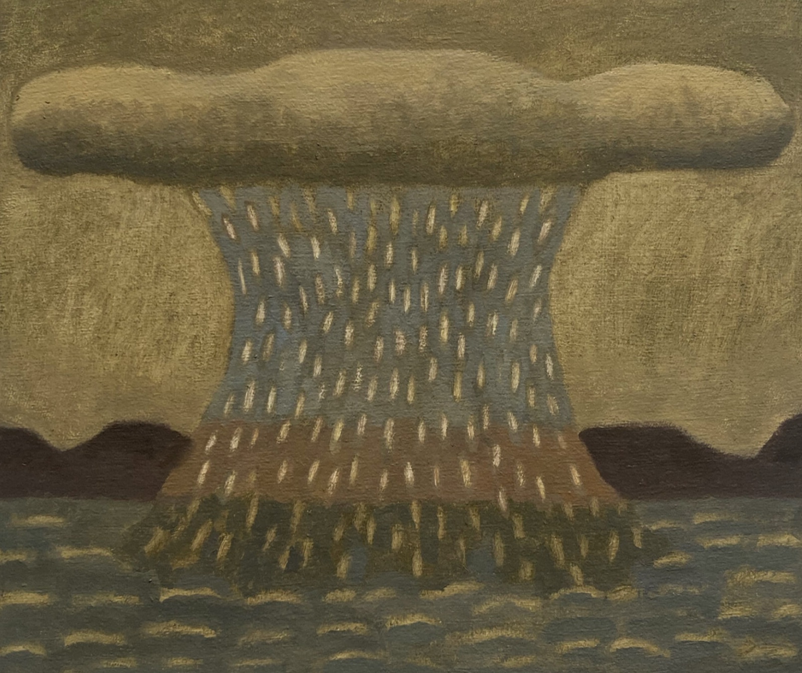 Beatrice Arraes — rain descending from a low cloud into a dark body of water by Beatrice Arraes