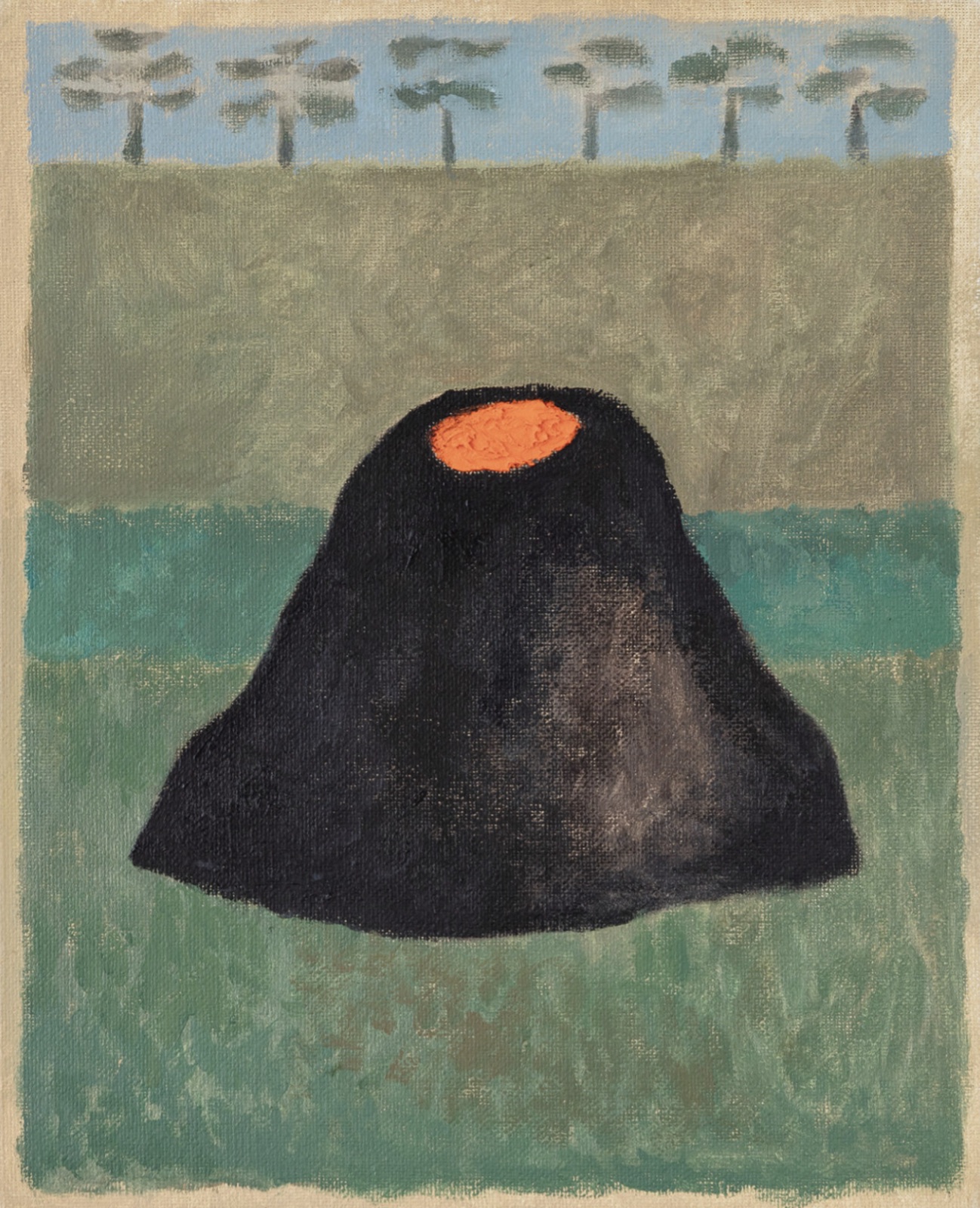 Beatrice Arraes — dark volcanic form set against a muted green landscape by Beatrice Arraes