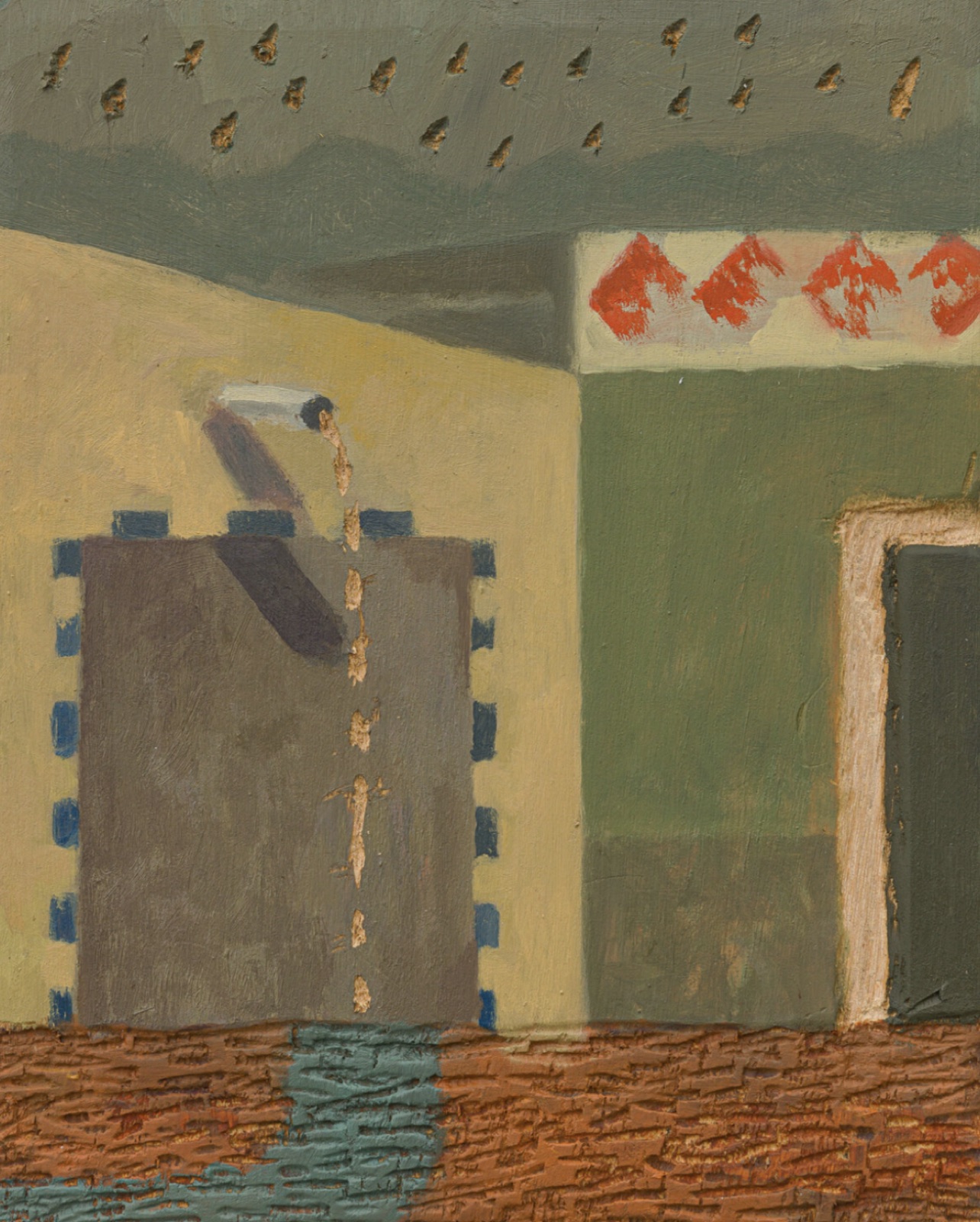 Beatrice Arraes — urban facade with a suspended form, painted sign fragments, and incised surfaces by Beatrice Arraes