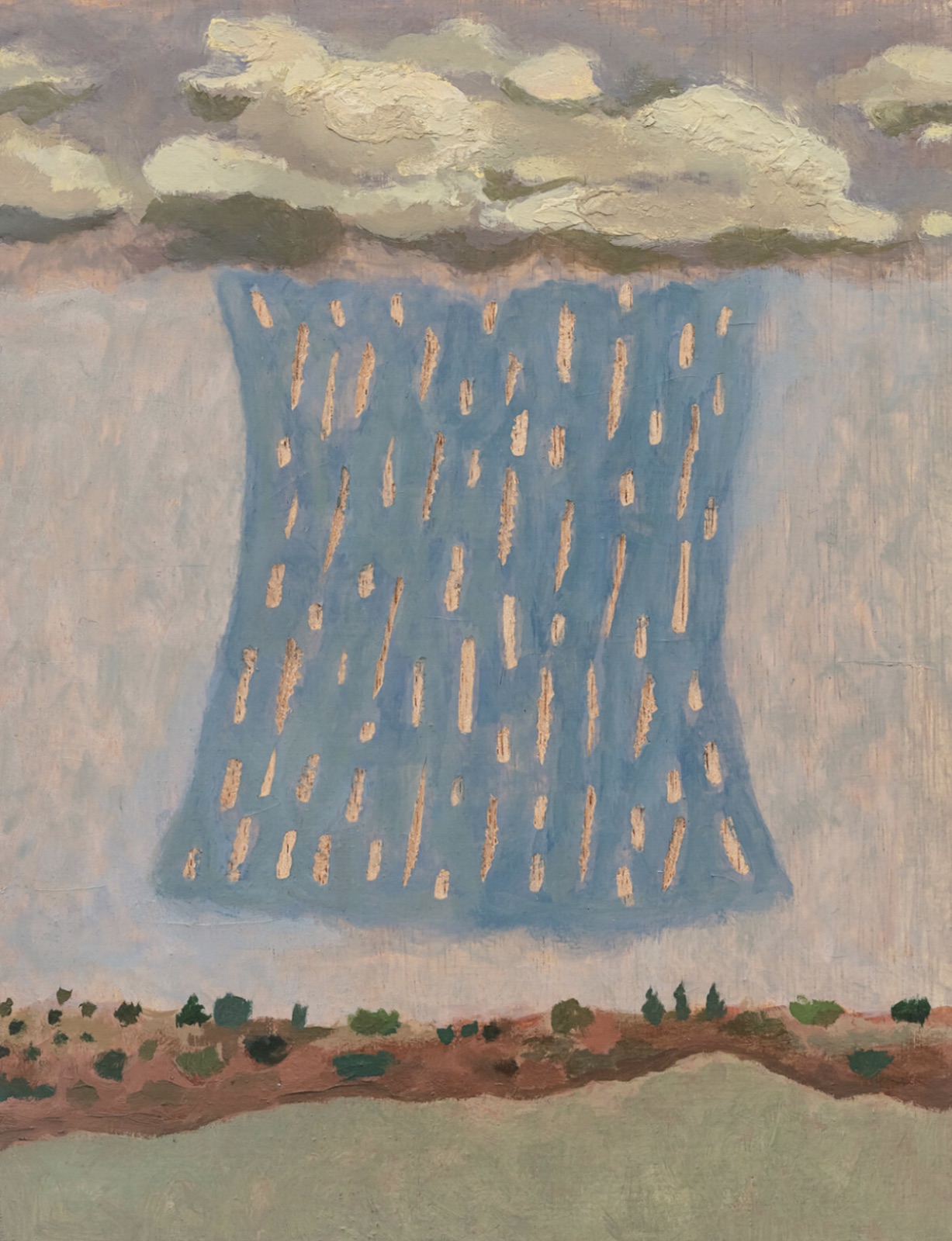 Beatrice Arraes — blue rain falling over a distant line of vegetation by Beatrice Arraes
