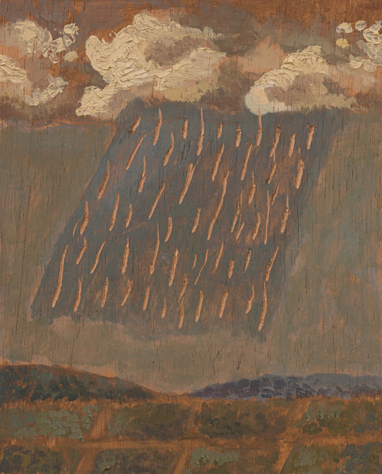 Beatrice Arraes — earthen landscape beneath a textured cloudburst by Beatrice Arraes