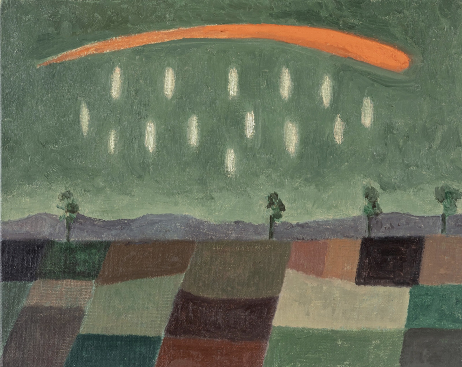Beatrice Arraes — orange comet crossing above fields, rainfall, trees, and distant hills by Beatrice Arraes