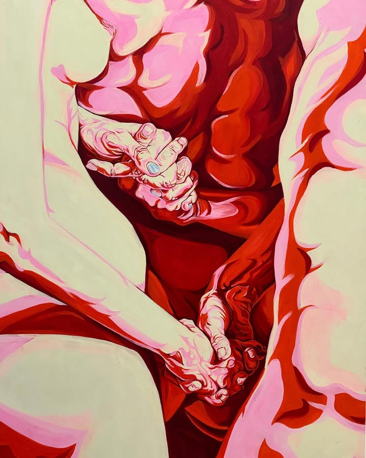 Geoneide Brandão — clasped hands and bodies held within a deep red field by Geoneide Brandão