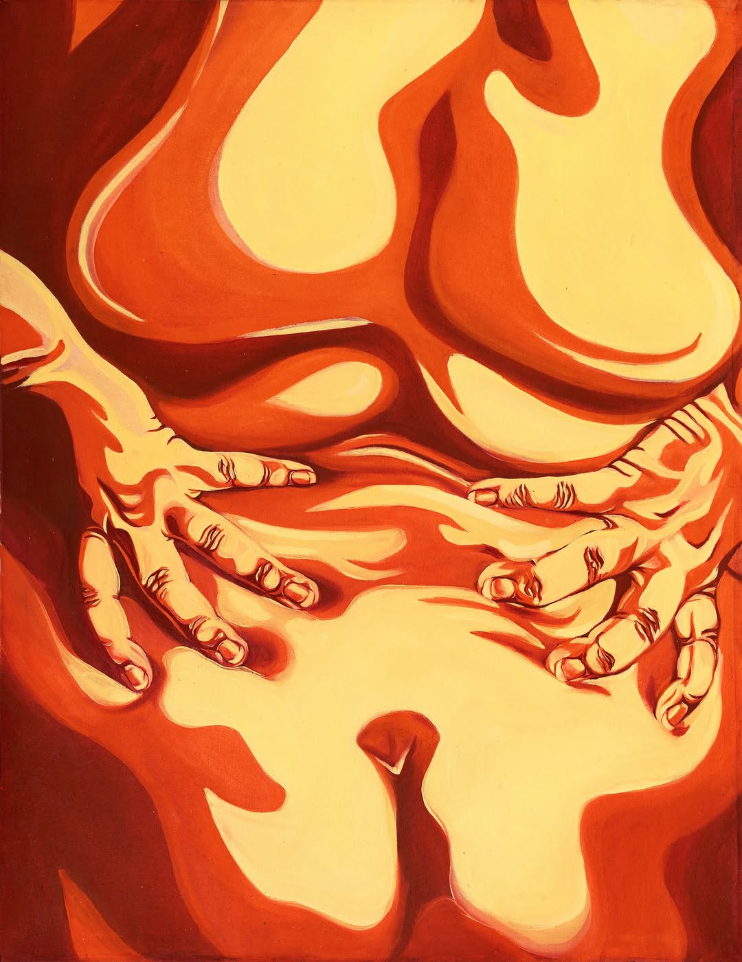 Geoneide Brandão — hands gathered across a torso in a red and yellow composition by Geoneide Brandão