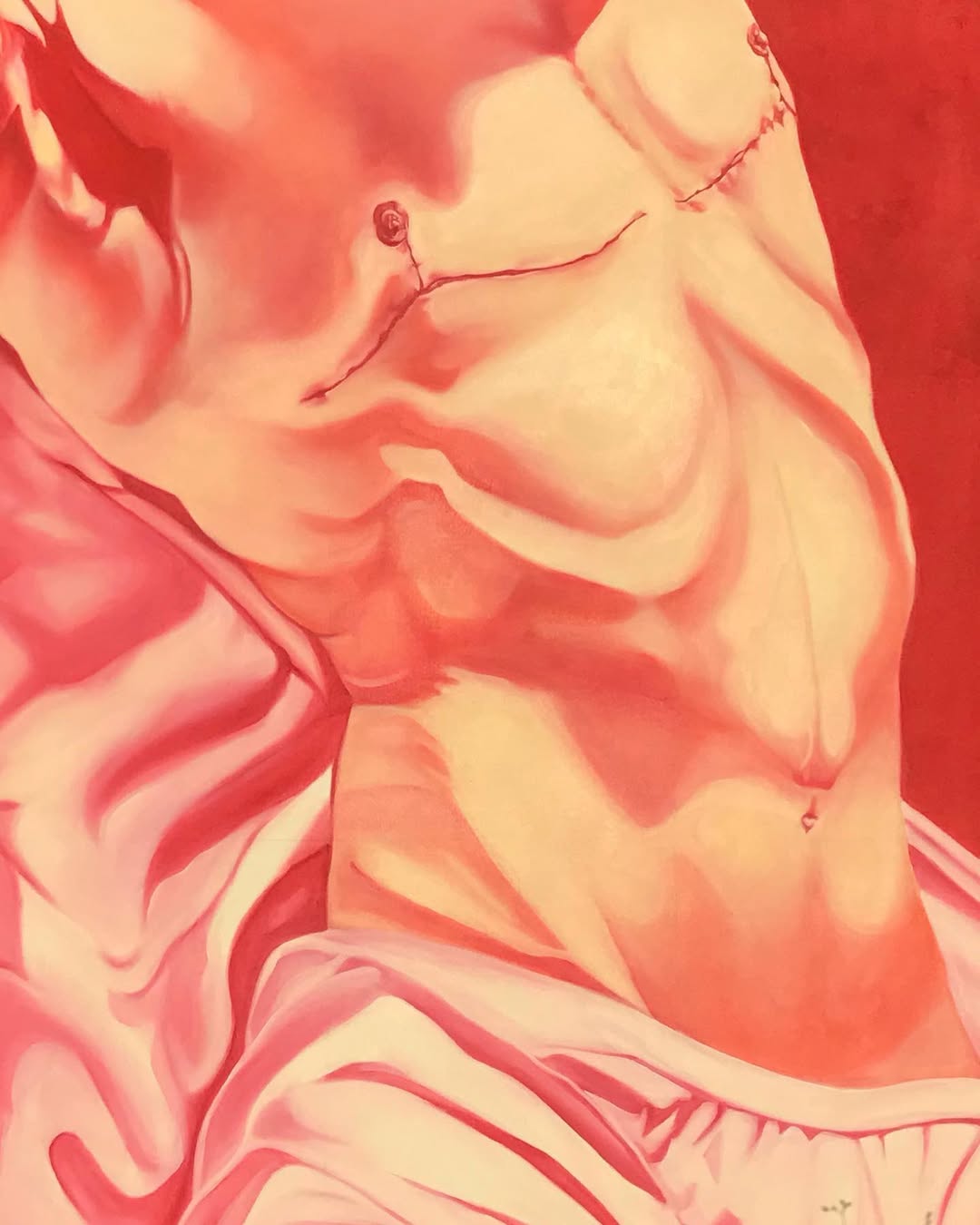 Geoneide Brandão — close view of a scarred chest in layered pink and red by Geoneide Brandão