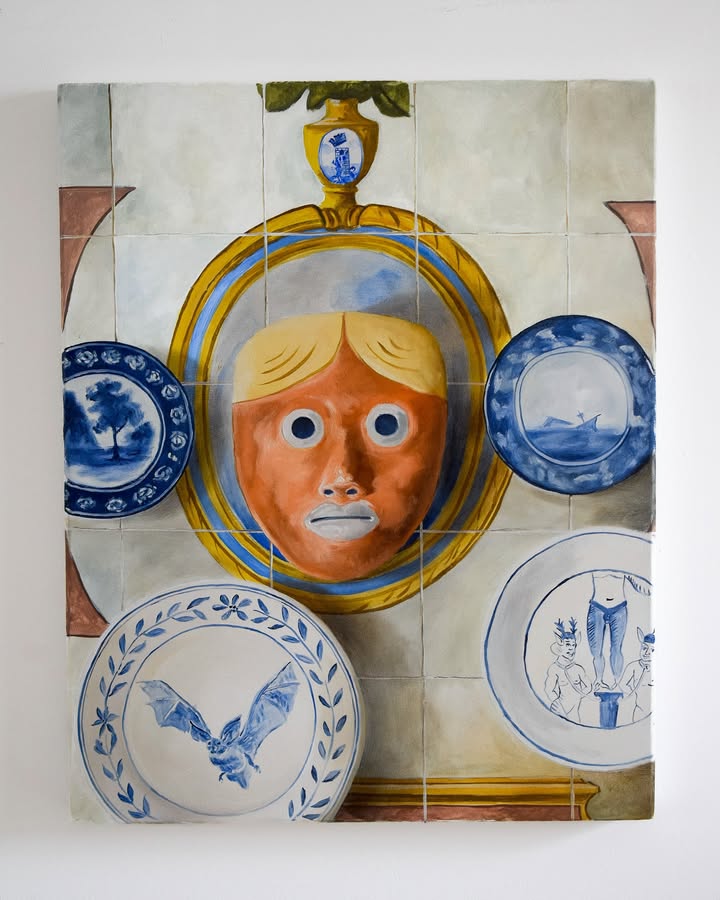 Mask-like face among plates, vessels, and blue-and-white imagery — artwork by Jorge Souza by Jorge Souza