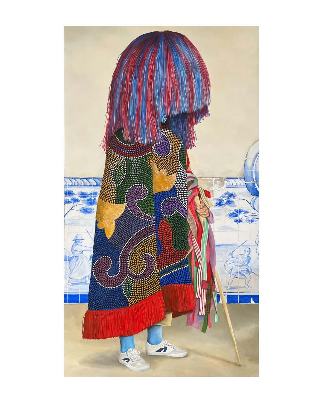 Masked figure before a blue-and-white tiled narrative — artwork by Jorge Souza by Jorge Souza