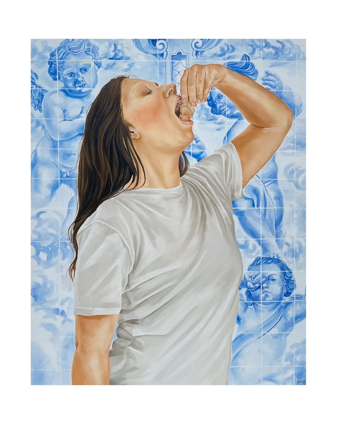 Figure raising a small devotional object against a tiled archive — artwork by Jorge Souza by Jorge Souza