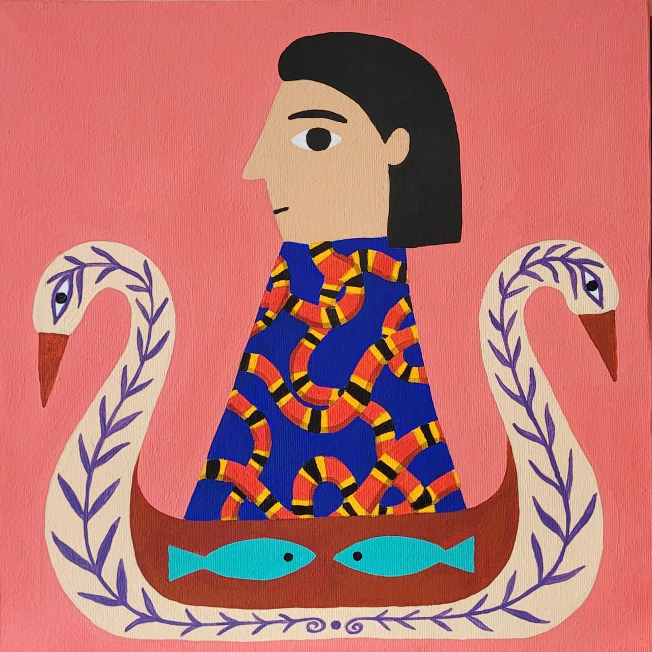 Untitled (figure between swans) — artwork by Pedro Lucena by Pedro Lucena