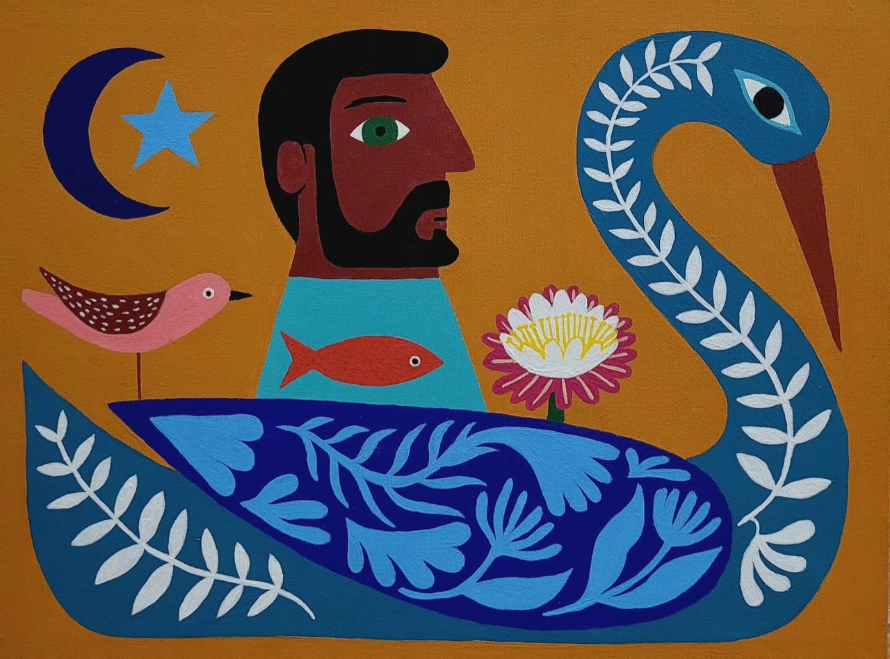Untitled (figure beneath moon beside bird) — artwork by Pedro Lucena by Pedro Lucena